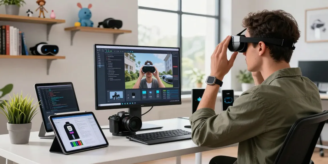 Person testing AR glasses in a modern tech workspace with gadgets and digital screens.