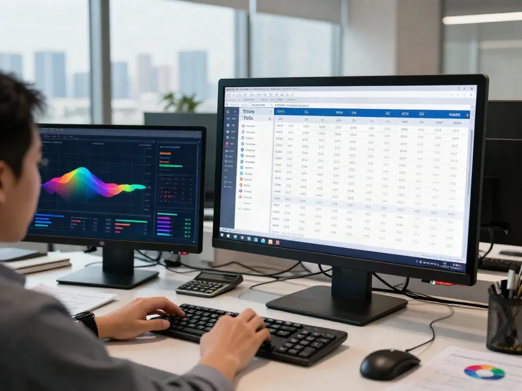 Analisis data macau ditampilkan di layar komputer dengan grafik warna-warni dan alat analisis.