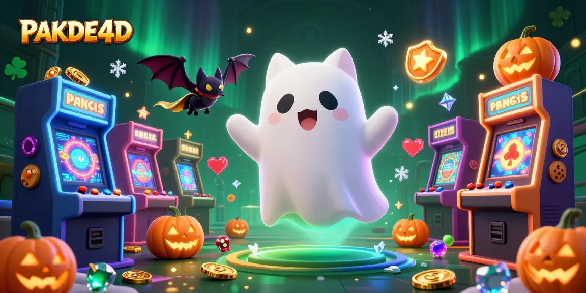Experience PAKDE4D's haunted casino adventure with a ghost cat and glowing jack-o-lanterns.