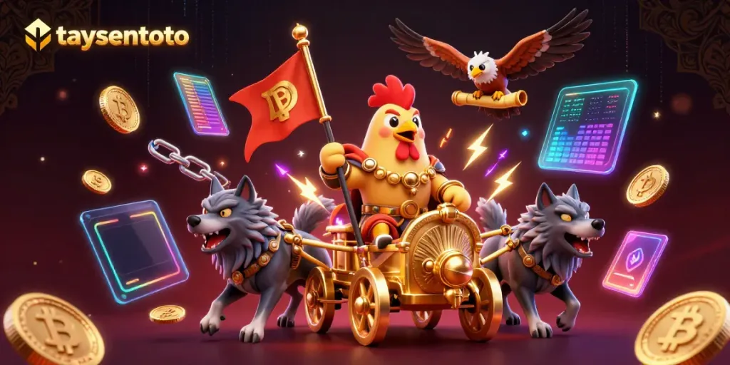 Win big with taysentoto in this vibrant 3D casino-inspired illustration featuring crypto coins.