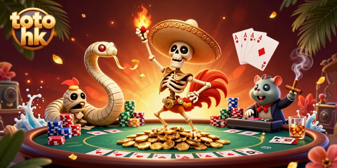 Memenangkan permainan dengan toto hk, ilustrasi skeleton mariachi yang dinamis dan penuh koin emas.