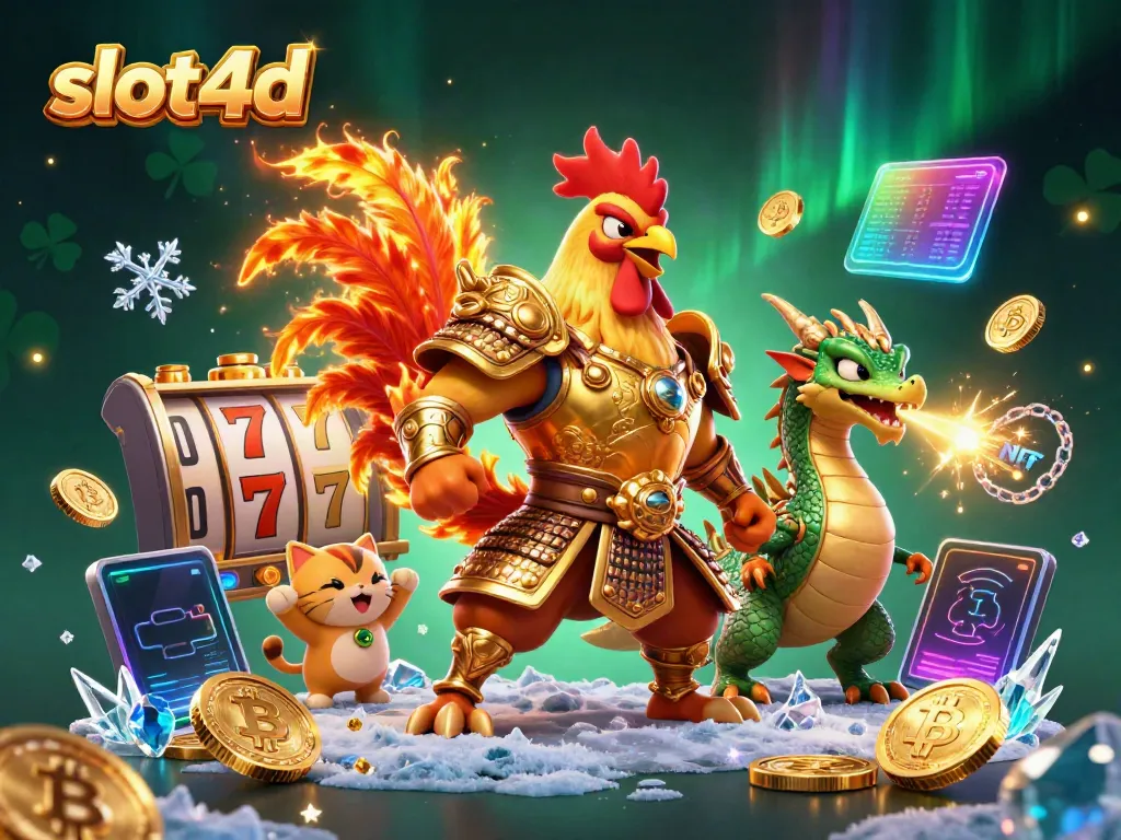 Spin the reels on slot4d with a cartoon warrior rooster and dragon in a mystical casino scene.