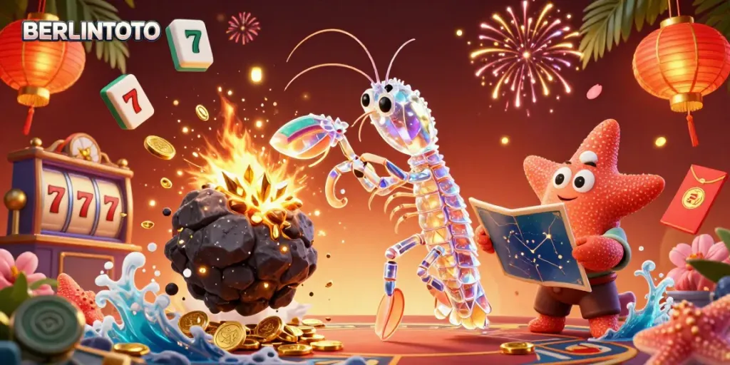 Experience the excitement of BERLINTOTO with vibrant 3D illustrations showcasing a galactic samurai and beach starfish amidst gambling elements.