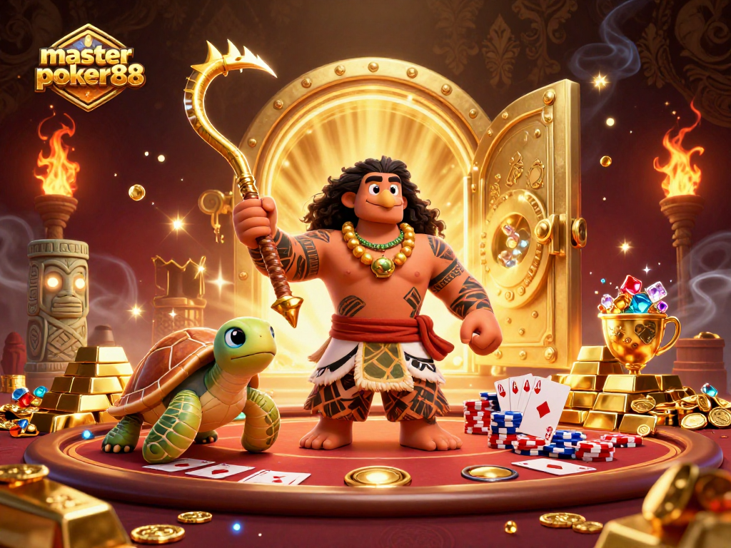 Masterpoker88 menampilkan dewa Maui 3D yang sedang bermain poker di tengah harta karun yang bersinar.