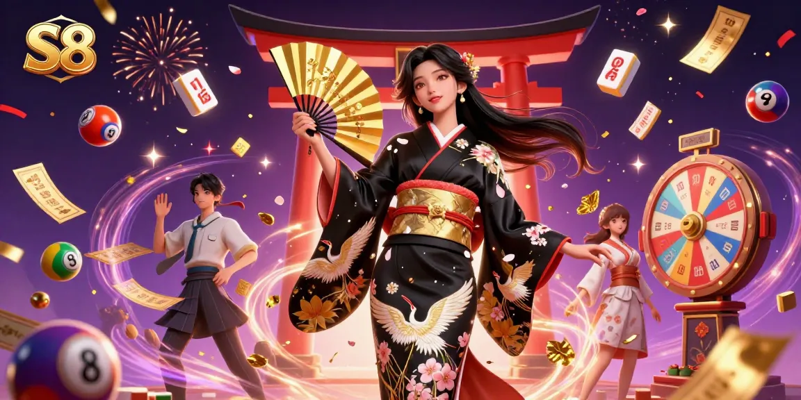 S8 casino promotion showcasing a charming Asian woman with a folding fan amidst vibrant gaming elements and celebratory effects.