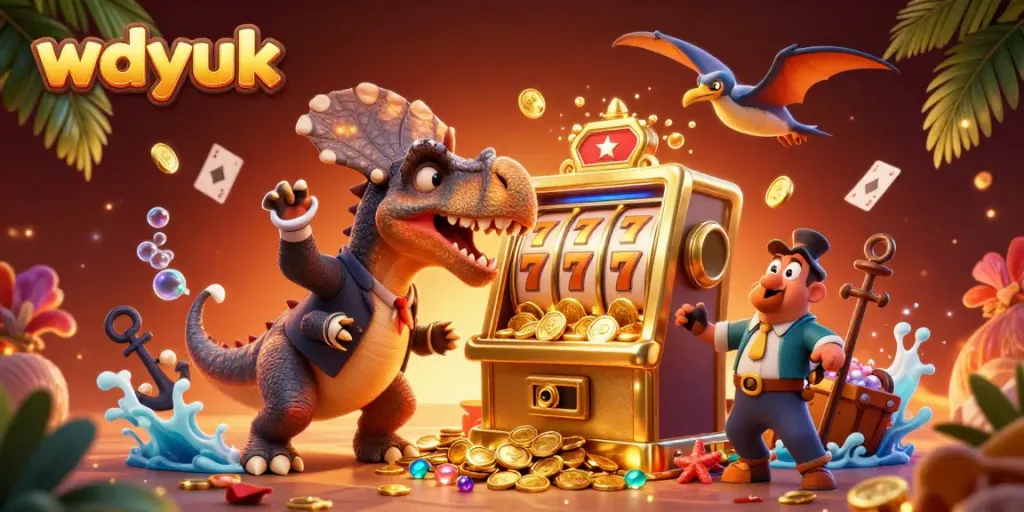 Experience a thrilling wdyuk casino scene with a dinosaur winning a jackpot from a slot machine.