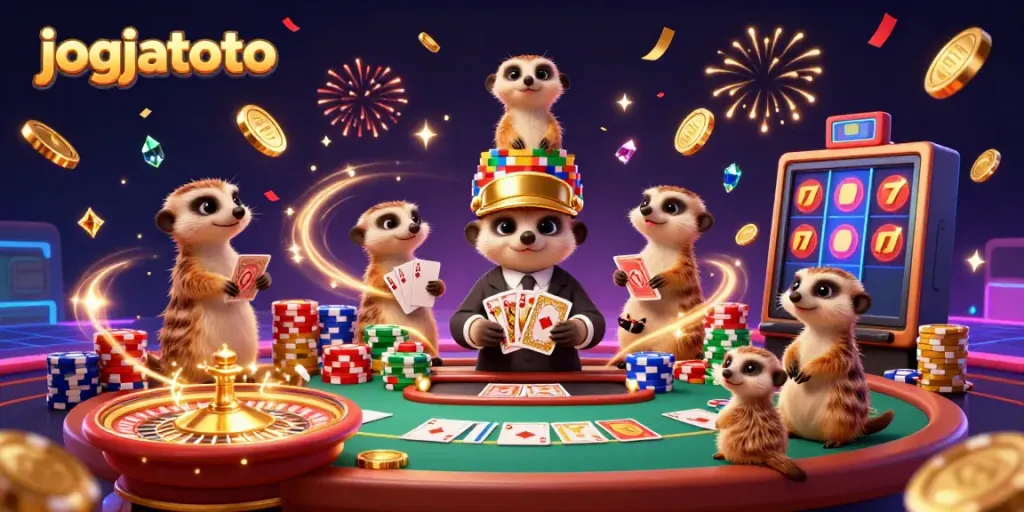 Experience the excitement of jogjatoto with this vibrant meerkat casino scene featuring dynamic characters and gaming elements.