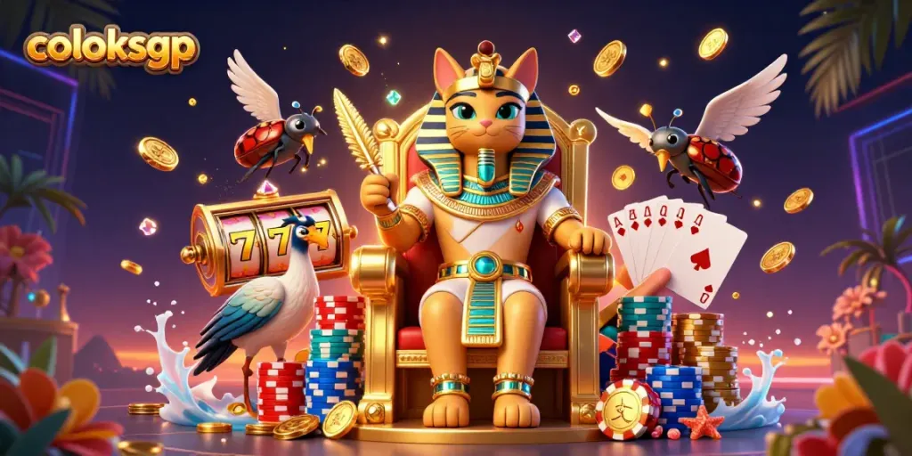 Coloksgp menghadirkan pengalaman slot dengan firaun kucing dan penulis, dihiasi koin emas dan jackpot.