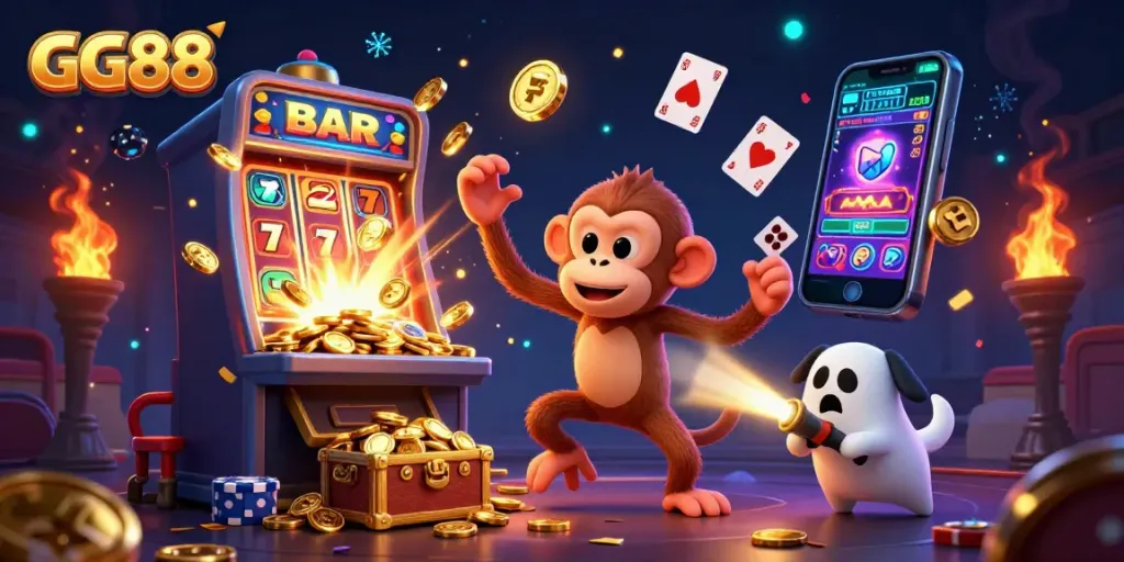 Experience the excitement of GG88 with a magical 3D casino scene featuring a playful poltergeist monkey.