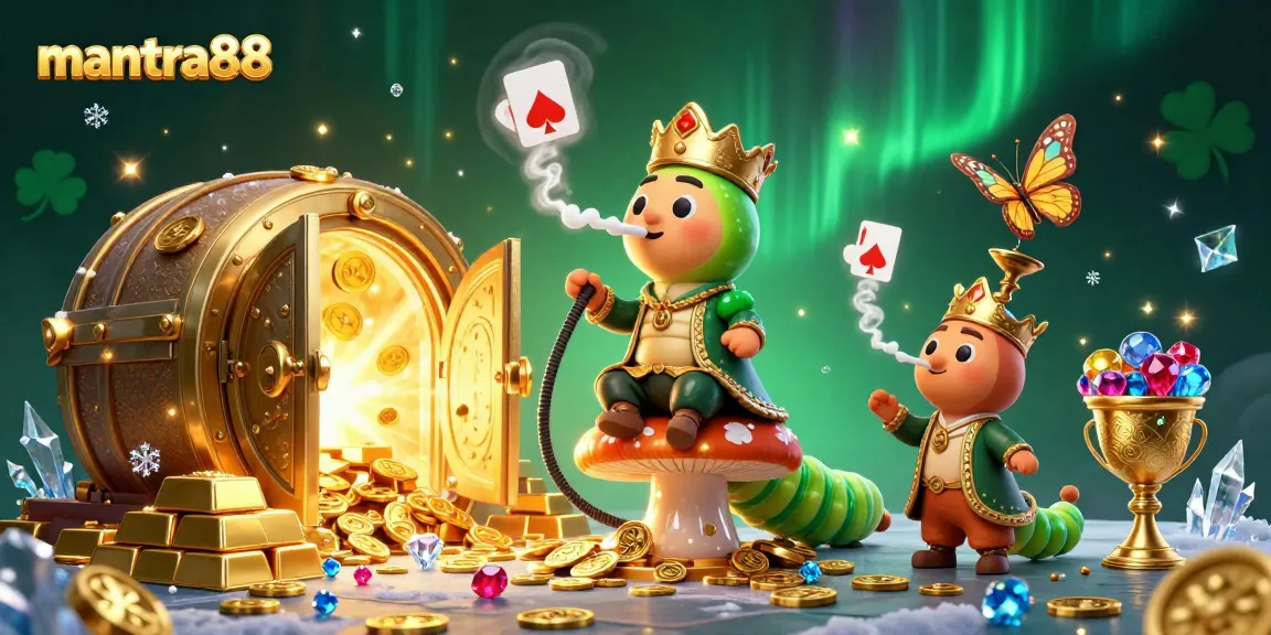 Menang besar di mantra88 dengan jackpot berkilau dan simbol kartu poker mengelilingi karakter unik.