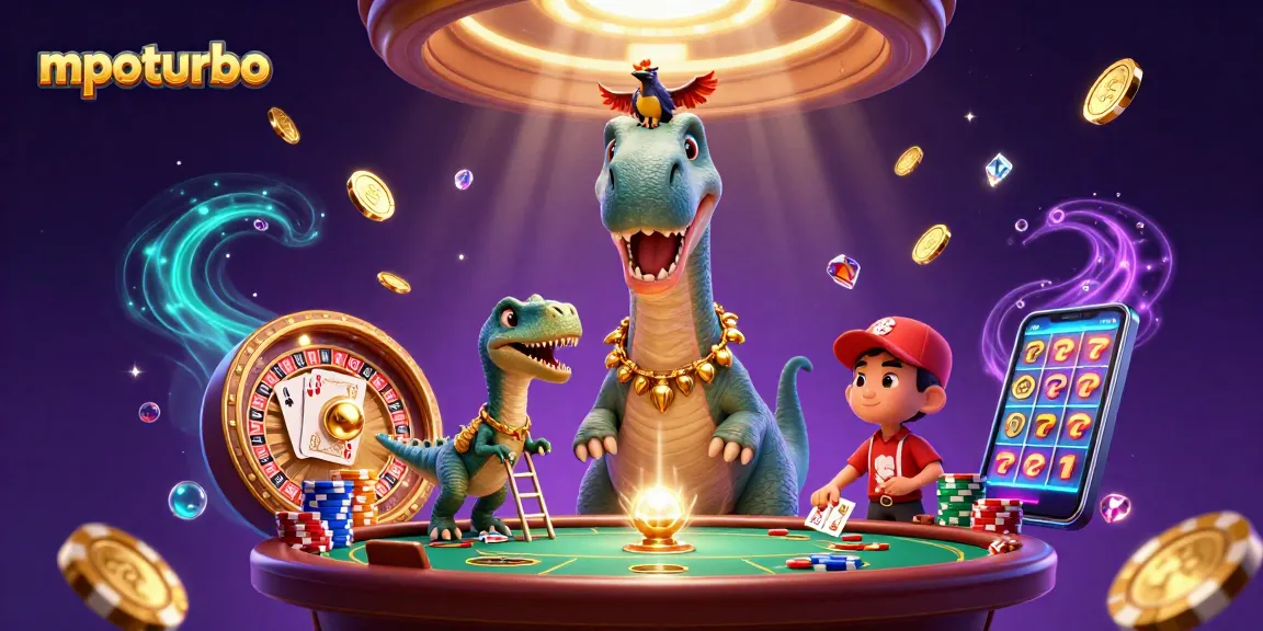 mpoturbo menampilkan brontosaurus 3D tinggi di kasino dengan kartu poker dan koin emas yang terbang