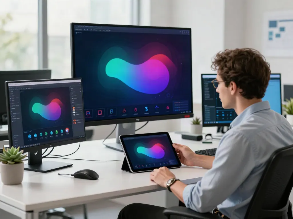 Tech consultant showcasing bento4d alternatif options in a modern office.