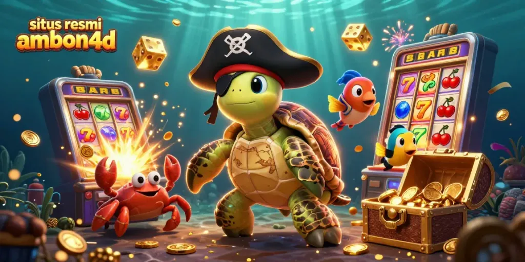 Win big with situs resmi ambon4d as the pirate turtle finds treasures in this vibrant slot casino scene.