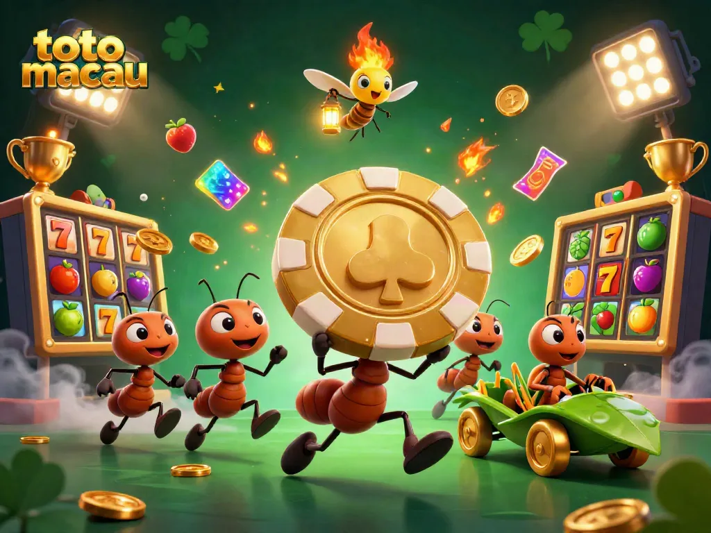 Toto Macau yang seru, sekelompok semut kartun mencuri chip poker emas besar dalam suasana permainan slot.
