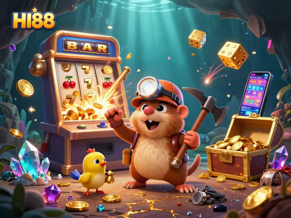 Experience the excitement of HI88 with a vibrant illustration of a treasure hunter and a slot machine.