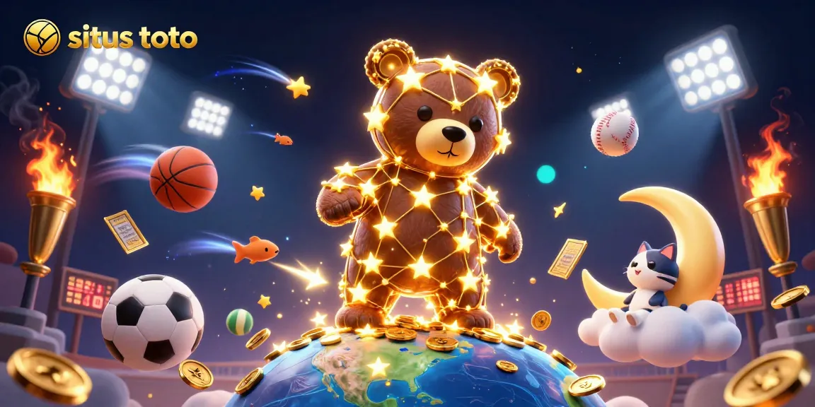 Situs toto showcases an energetic scene of a constellation bear and sports elements representing online gambling excitement.
