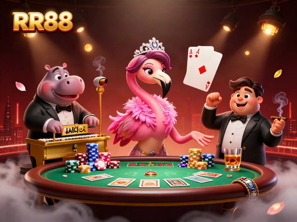 Experience the vibrant ambiance of RR88 as a flamingo singer and hippo bassist entertain at a bustling poker scene.