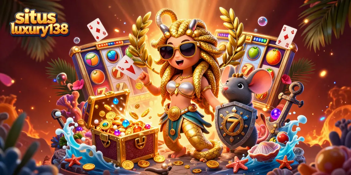 Experience the vibrant world of situs luxury138 with Medusa, a warrior mouse, and energetic gaming elements.