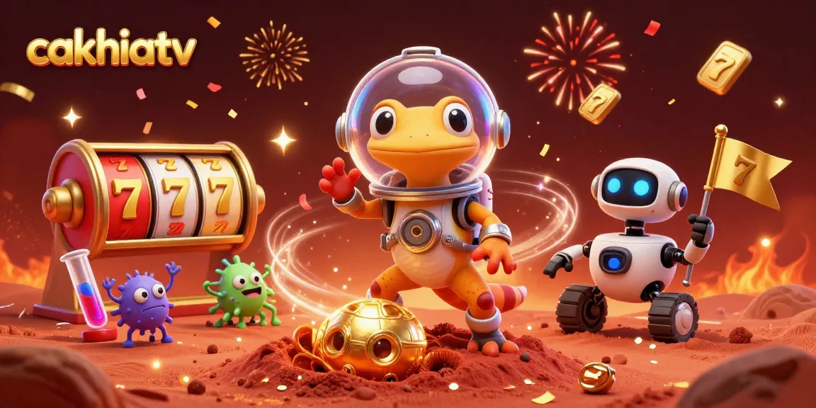 Experience cakhiatv with the Martian gecko exploring a vibrant casino scene full of slot reels and celebration elements.