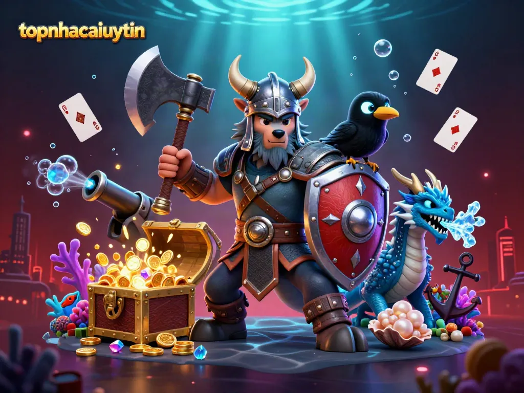topnhacaiuytin showcases a thrilling online gambling scene featuring a Viking wolf warrior, a fierce dragon, and a glowing raven amidst abundant treasures.