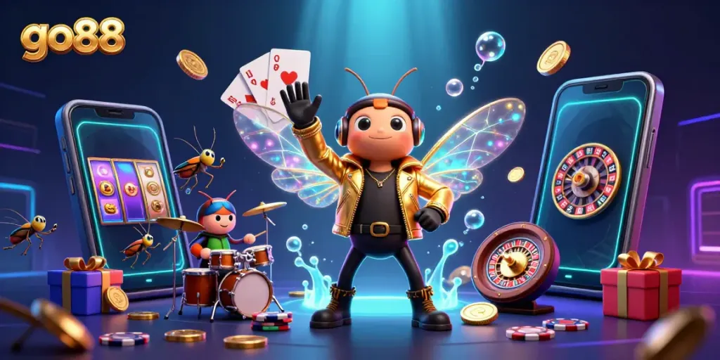 Experience go88's vibrant gaming atmosphere with an energetic rock star, showcasing thrilling slot games.