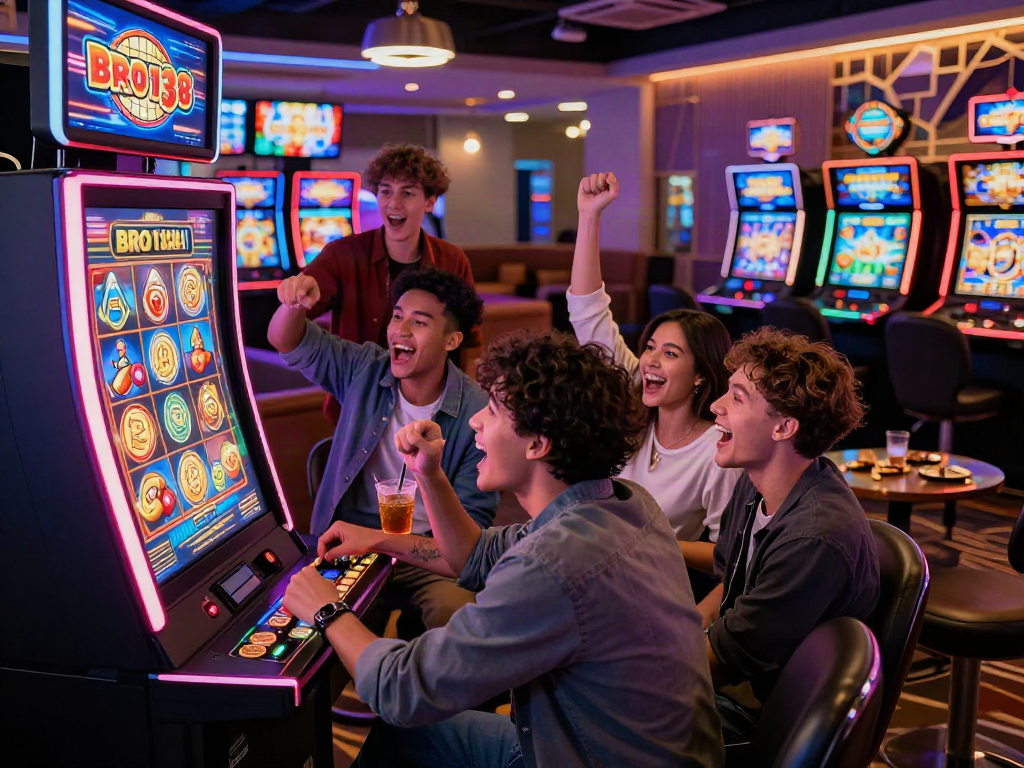 Group of friends enjoying the bro138 slot in a lively casino environment.
