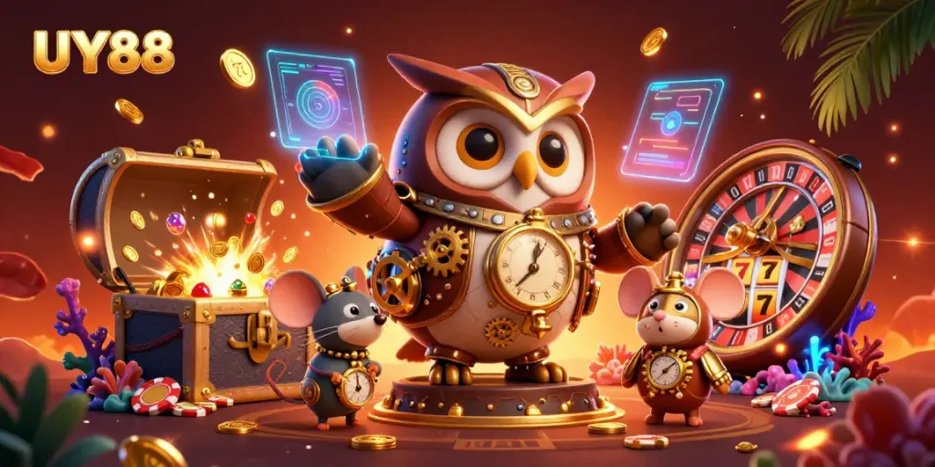 Experience winning moments with UY88 featuring 3D time-traveling characters and vibrant casino elements.