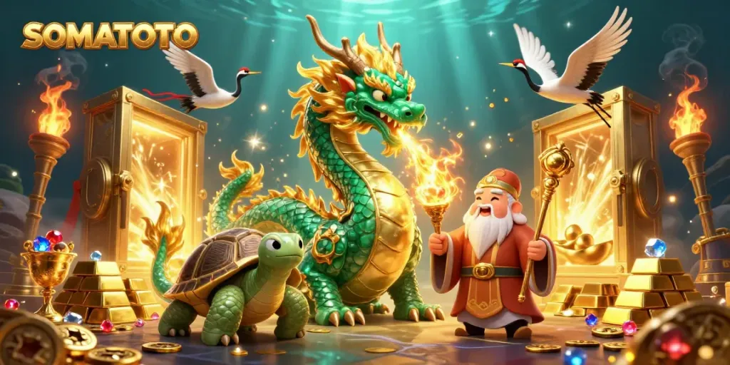 Experience thrilling SOMATOTO gaming with a vibrant 3D scene of mythical characters and golden treasures.