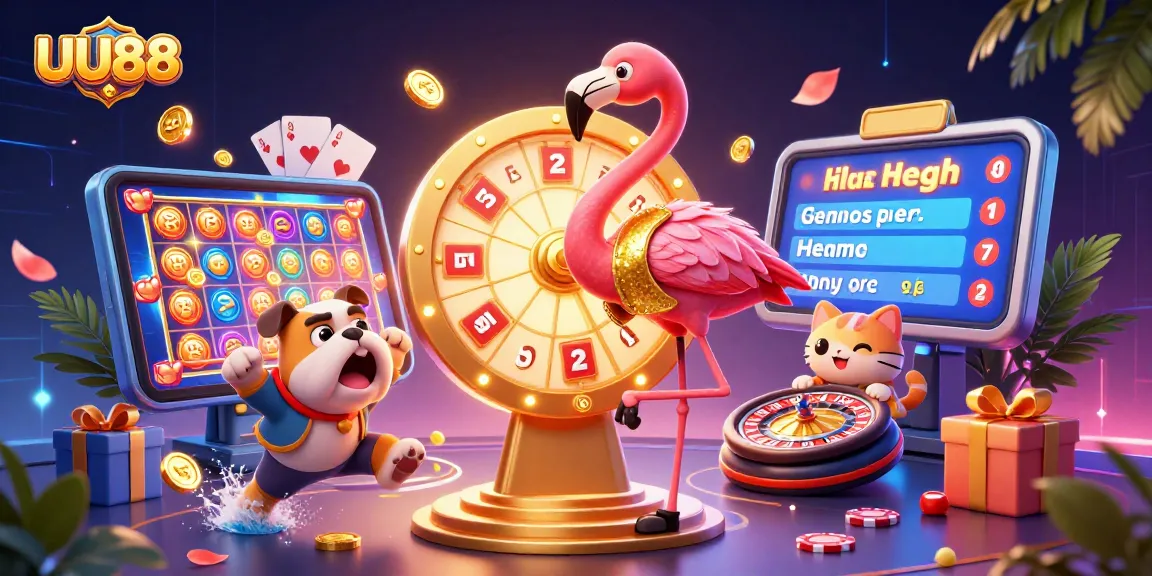 Experience UU88 excitement with a vibrant 3D casino scene showcasing diverse game elements.