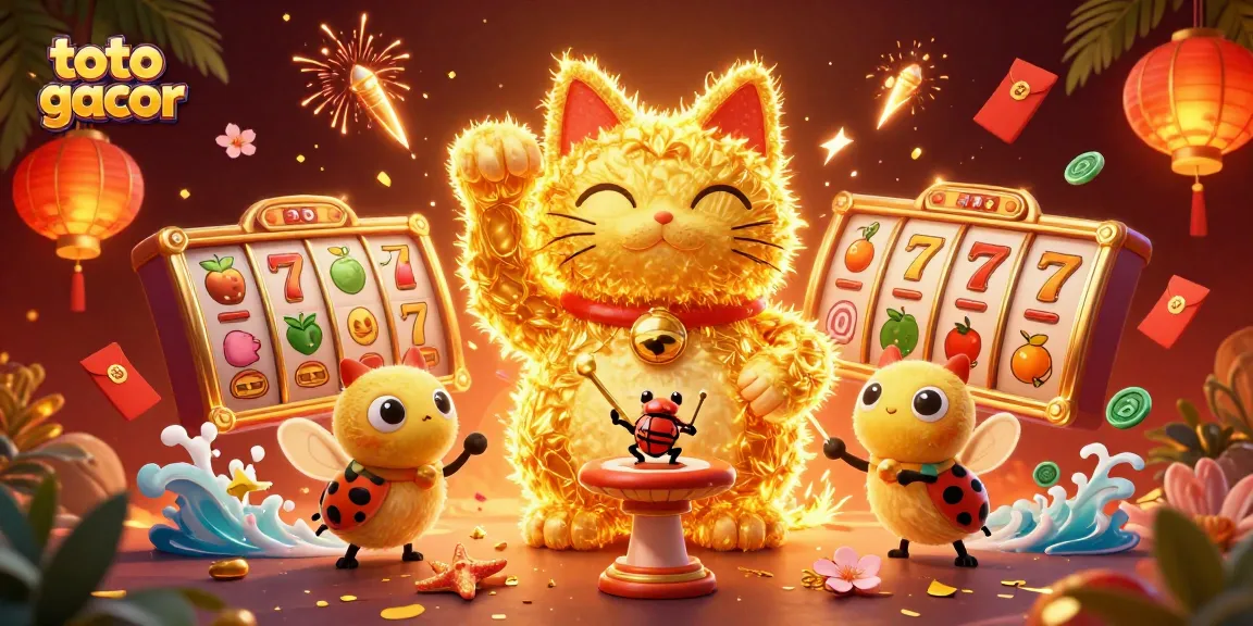 Menghadirkan toto gacor dengan cat keberuntungan besar dikelilingi simbol kasino dalam ilustrasi 3D ceria.