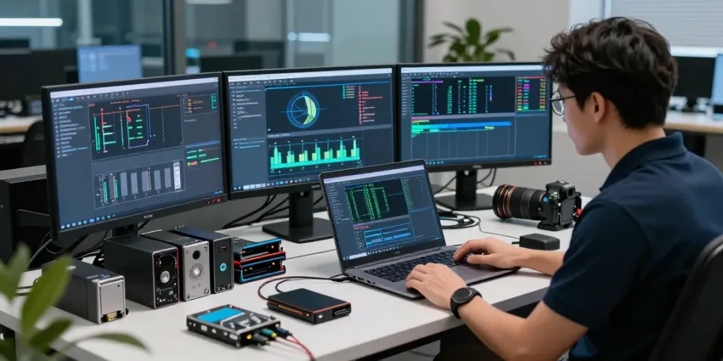 Data recovery technician managing jebol wd systems in a modern office.