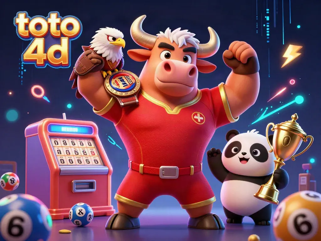 Experience the excitement of toto 4d with a dynamic illustration of lottery elements and winning characters.
