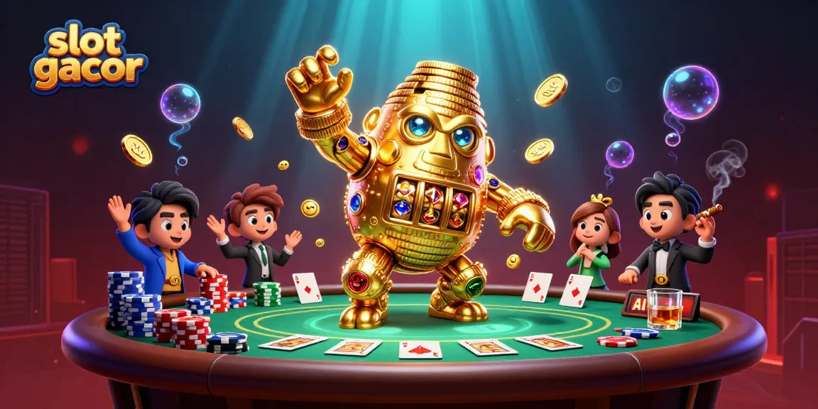Memainkan slot gacor di kasino virtual dengan karakter kuno golem emas dikelilingi chip poker.