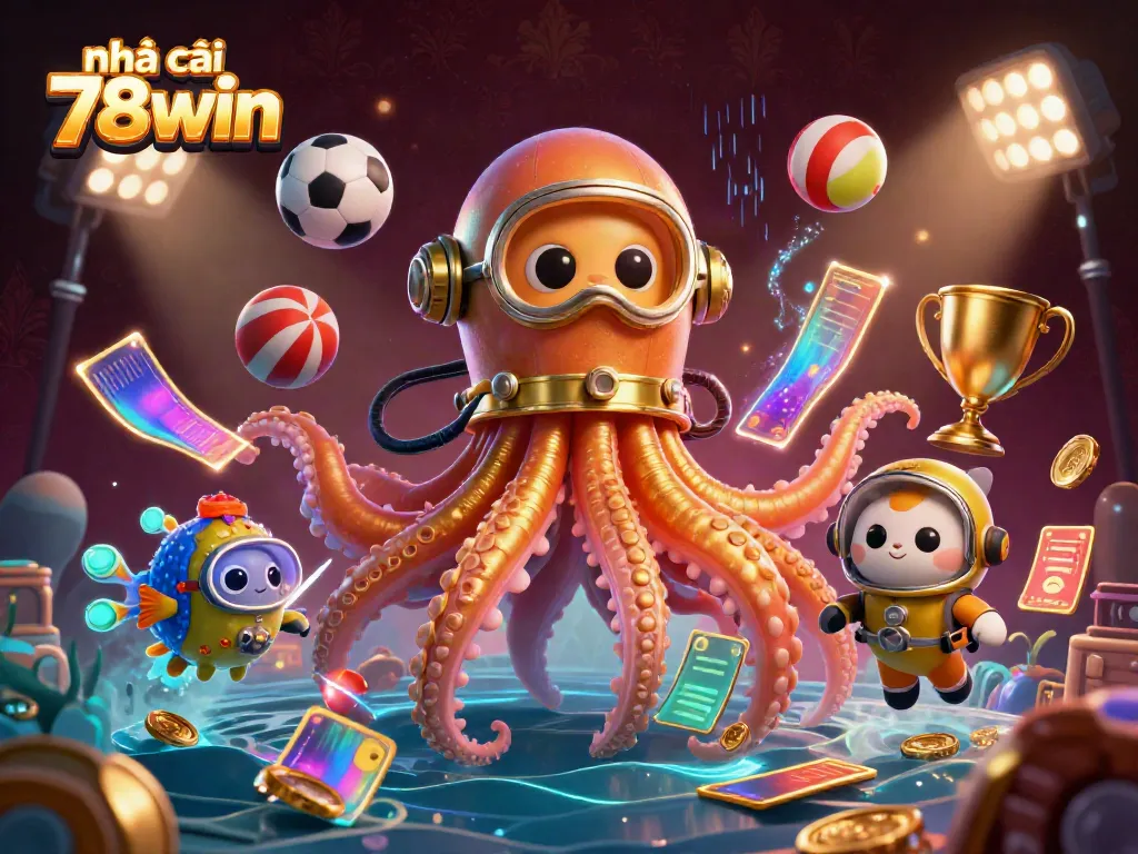 Experience online gaming excitement at nhà cái 78win, featuring a colossal kraken, diving cat, and vibrant sports elements.
