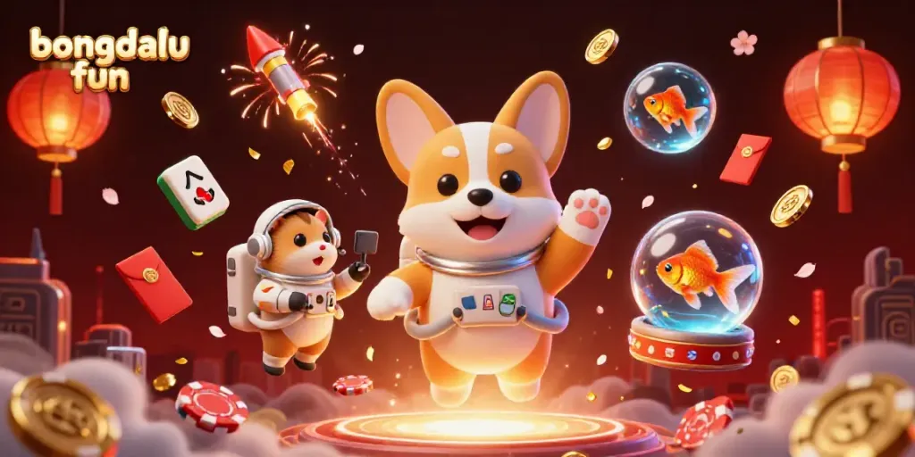 Witness the playful scene of bongdalu fun with floating characters in a space casino, showcasing vibrant gaming elements.