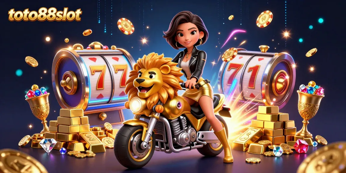 Toto88slot showcases a glamorous Asian woman riding a golden lion mascot amidst vibrant slot game elements.