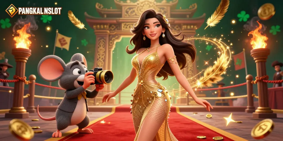 PANGKALANSLOT showcases a glamorous gaming scene with a woman in a golden gown and vibrant casino elements.