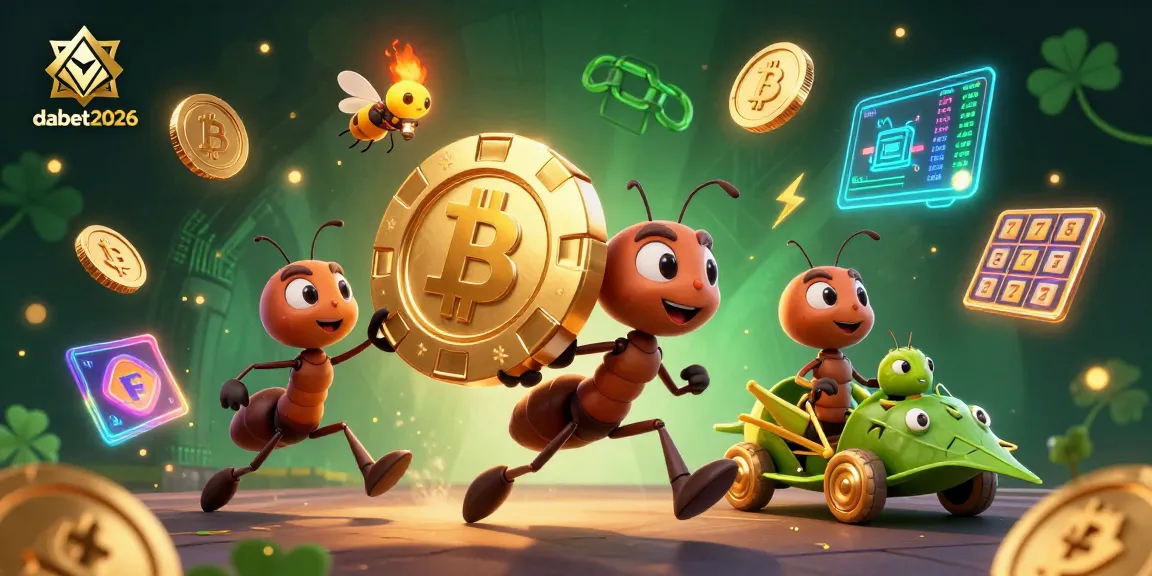 Exciting dabet2026 illustration of cartoon ants heisting a giant poker chip amidst cryptocurrency elements
