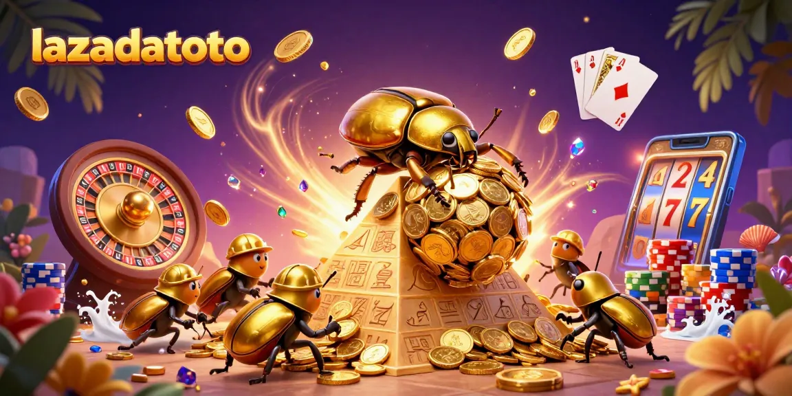 lazadatoto menghadirkan ilustrasi kasino yang dinamis dengan kumbang emas dan simbol permainan menggoda