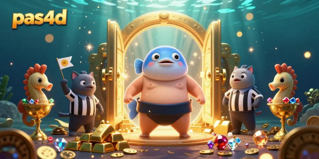 Permainan pas4d dengan fugu kartun dan penonton seahorse dalam pemandangan kasino bawah laut.