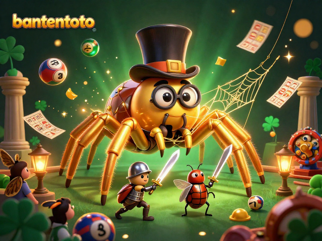 Bantentoto menampilkan tarantula emas raksasa dan kesatria kumbang mendekati mesin lotere dalam ilustrasi yang hidup.