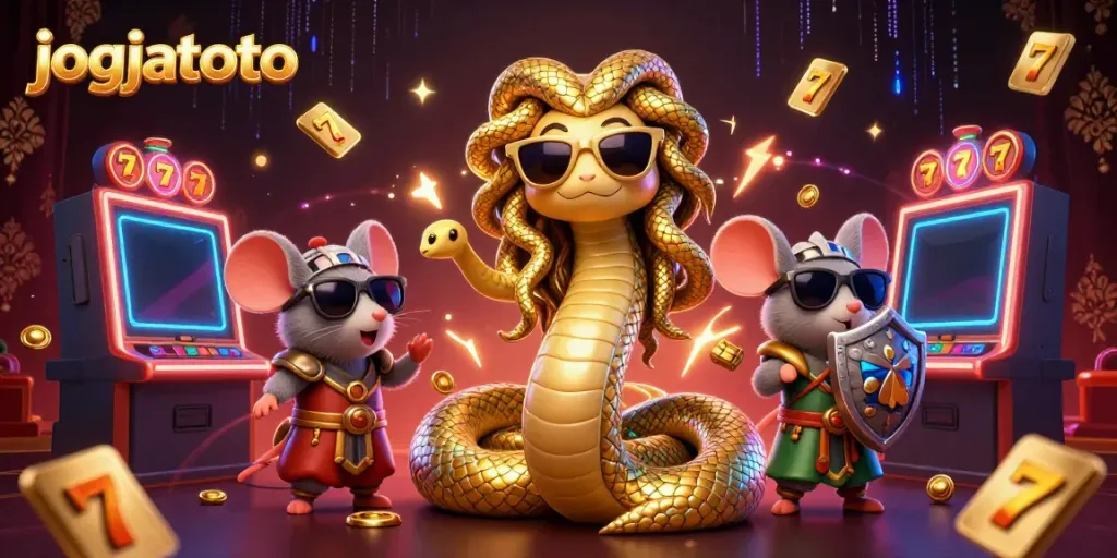 Engage with jogjatoto's exciting slot gameplay, featuring vivid illustrations of Medusa and a warrior mouse.