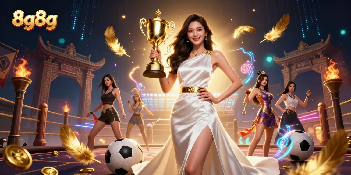 Experience winning thrills with 8g8g's vibrant casino illustration depicting a confident Asian winner holding a trophy.