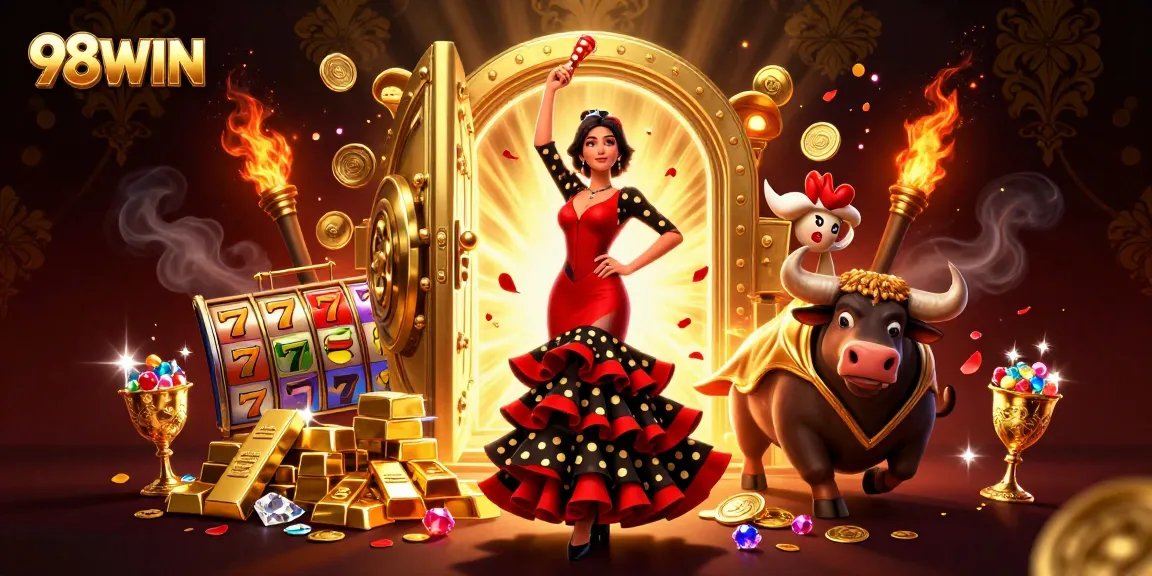 Experience the excitement of 98WIN as you play vibrant slot games surrounded by treasure in a dynamic casino scene.