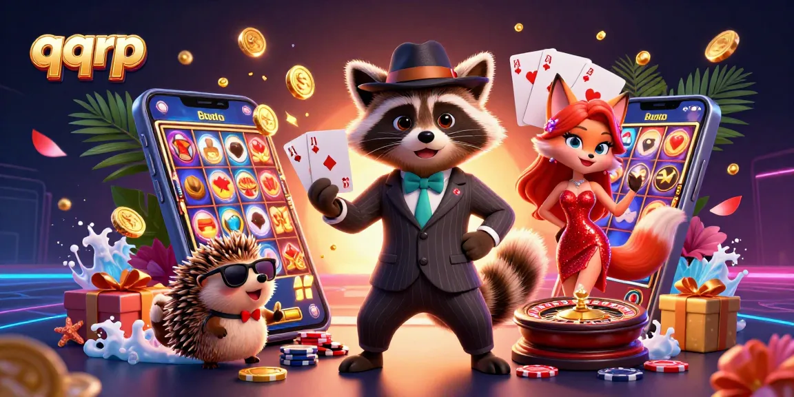 Experience the vibrant thrills of qqrp casino with a raccoon, fox lady, and hedgehog enjoying a lively scene of gaming.