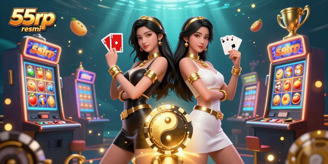Experience excitement and rewards at 55rp resmi with vibrant casino-themed twin characters.