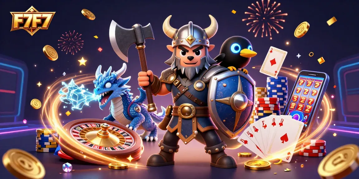 Experience thrilling gaming with F7F7 in a vibrant 3D casino scene full of excitement.