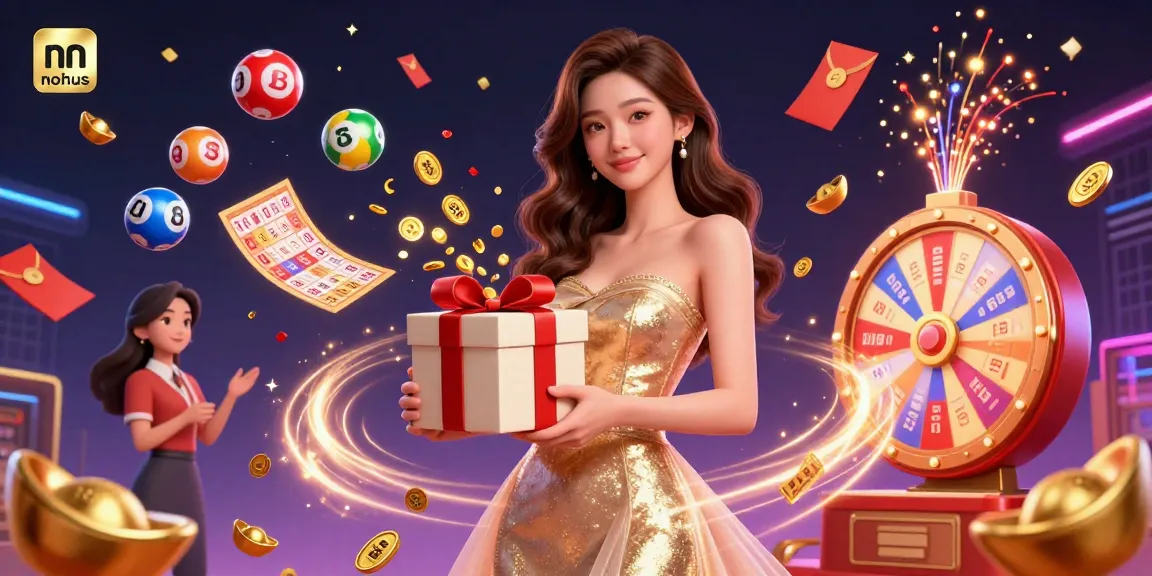 Experience the thrill of nohus in a vibrant casino illustration featuring a festive character and dynamic gaming elements.