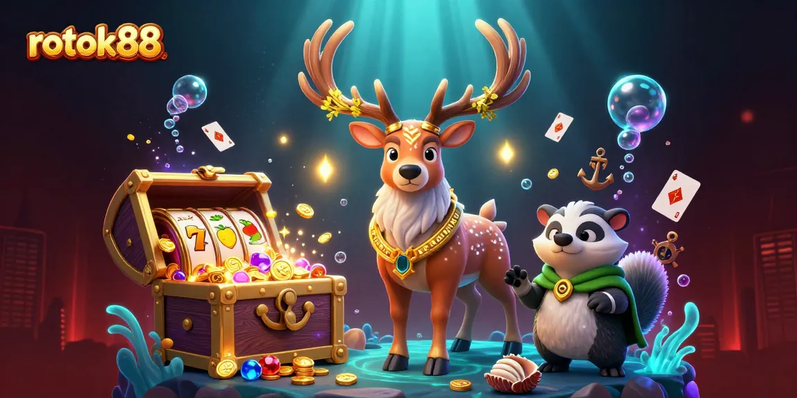Spin the reels and win big at rokok88 with this vibrant casino-themed illustration.