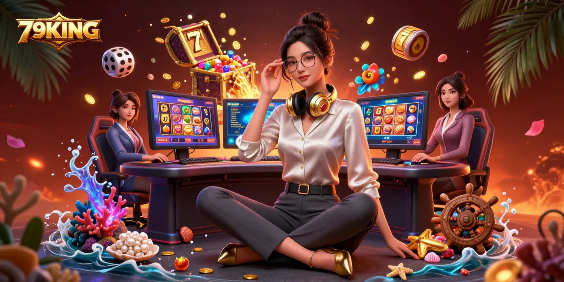 Engage with 79KING through an immersive scene of casino excitement, showcasing dazzling slot games and colorful elements.